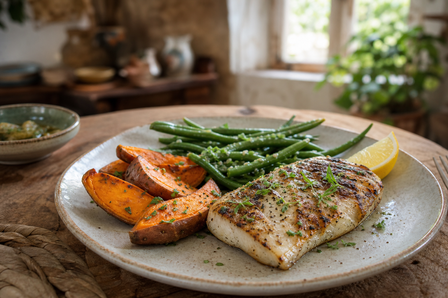 Prato mediterrânico com peixe e legumes